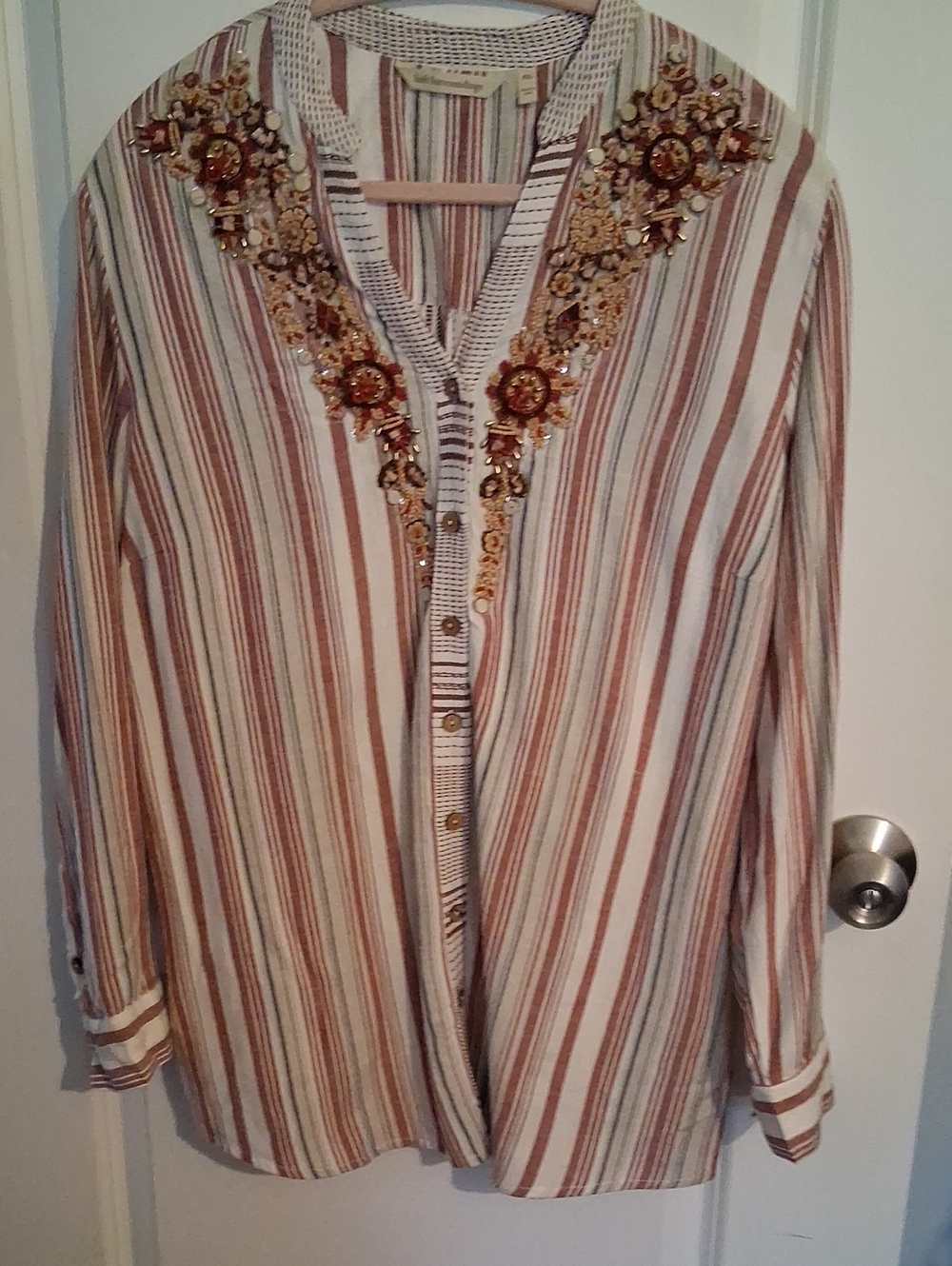 Soft Surroundings Embroidered Striped V-Neck Women's Blouse - Cream & Brown